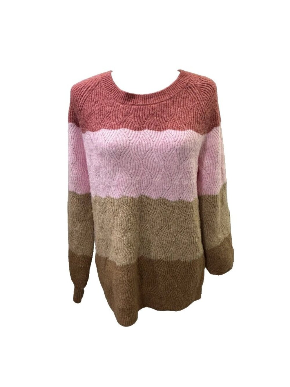 Talbots Pullover Sweater Women M  Cable Knit Colorblock Crew Pink Brown